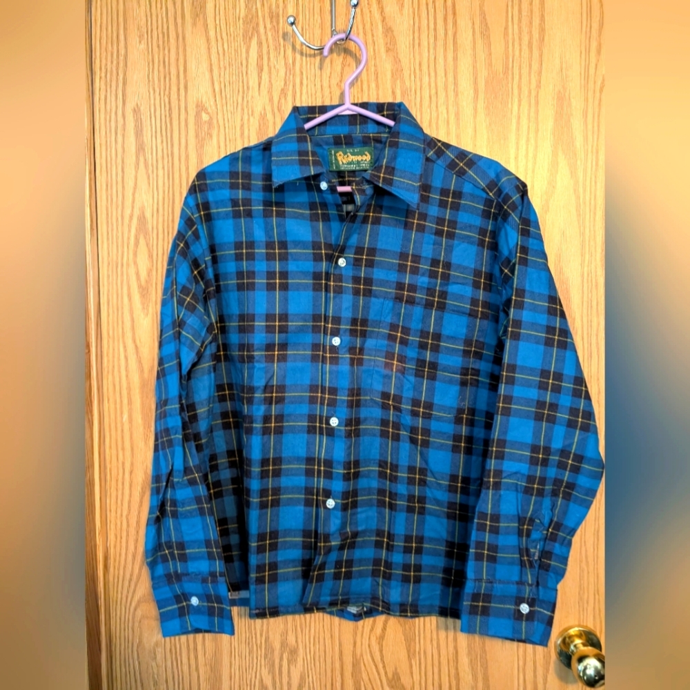 Vintage 90s REDWOOD Flannel Plaid Button Up Shirt Size L Blue Men New